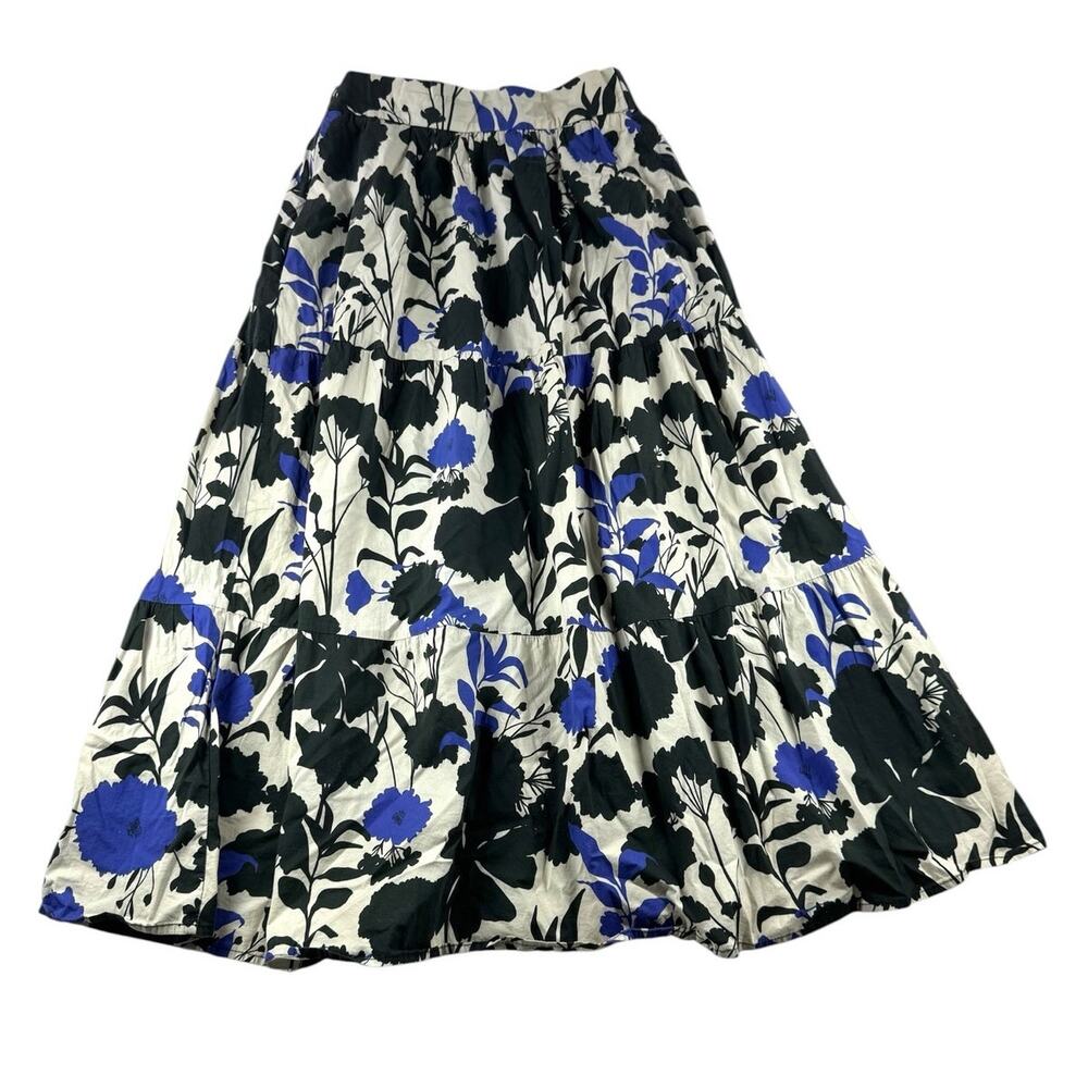 The Pearl Pagoda Floral Maxi Skirt Size XS Blue Black Cream Tiered Boho Side Zip